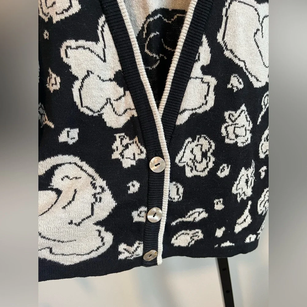 Vintage Jaeger Floral Knit Cardigan Made in Britain Cotton Linen Black Cream - Picture 9 of 10